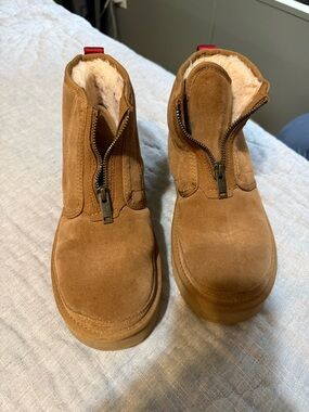 UGG Chestnut Suede Zip-Front Platform Ankle Booties